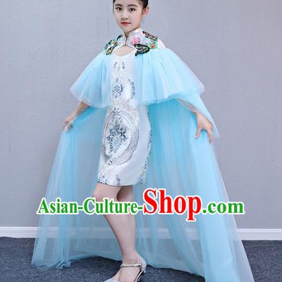 Children Modern Dance Costume Court Dance Compere Blue Veil Full Dress for Girls Kids