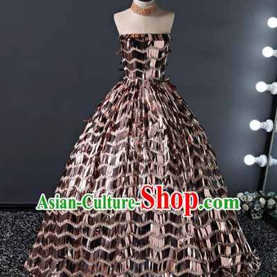 Children Modern Dance Costume Court Dance Compere Golden Sequins Full Dress for Girls Kids