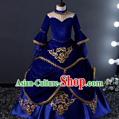 Children Modern Dance Costume Court Dance Compere Royalblue Full Dress for Girls Kids