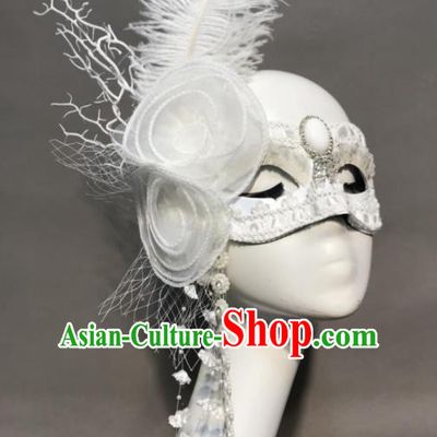 Top Halloween Cosplay White Veil Feather Masks Brazilian Carnival Catwalks Fancy Dress Ball Face Mask for Men