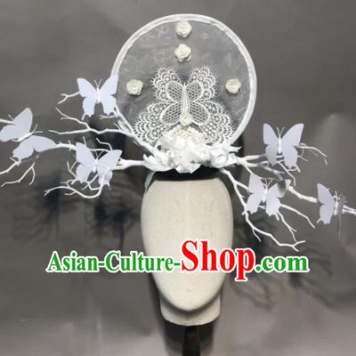 Top Chinese Stage Show White Lace Butterfly Hair Accessories Halloween Carnival Fancy Dress Ball Headdress for Women