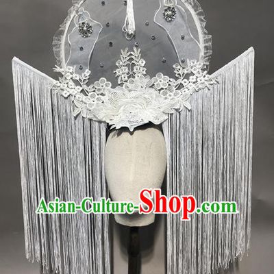 Top Chinese Stage Show White Lace Tassel Hair Accessories Halloween Fancy Dress Ball Headdress for Women