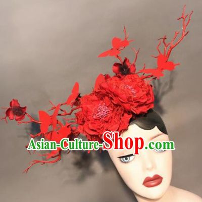 Top Halloween Stage Show Hair Accessories Brazilian Carnival Catwalks Red Peony Butterfly Headdress for Women