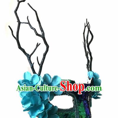 Top Fancy Dress Ball Blue Flowers Sequins Masks Brazilian Carnival Halloween Cosplay Face Mask for Women