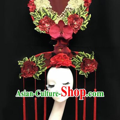 Top Chinese Stage Show Red Peony Tassel Hair Accessories Halloween Fancy Dress Ball Headdress for Women