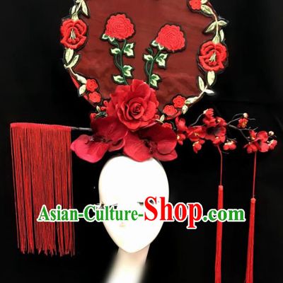 Top Chinese Stage Show Red Peony Flowers Tassel Hair Accessories Halloween Fancy Dress Ball Headdress for Women