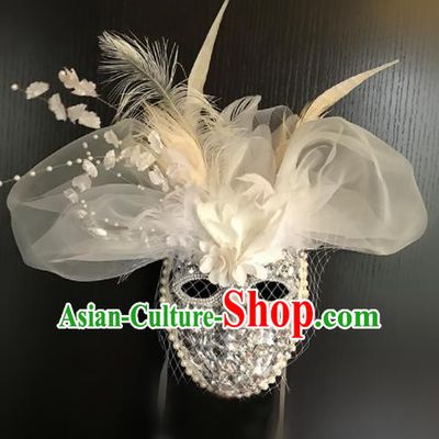 Top Fancy Dress Ball White Feather Crystal Masks Brazilian Carnival Halloween Cosplay Face Mask for Women