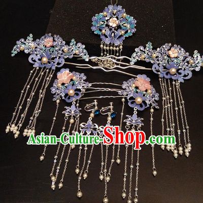 Top Chinese Traditional Hair Accessories Classical Blue Phoenix Coronet Hairpins Headdress for Women