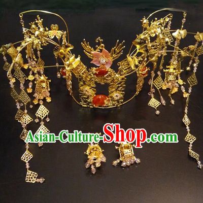 Top Chinese Traditional Agate Phoenix Coronet Wedding Hair Accessories Classical Hairpins Headdress for Women