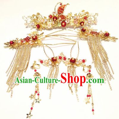 Top Chinese Traditional Wedding Red Butterfly Phoenix Coronet Classical Tassel Hairpins Headdress for Women