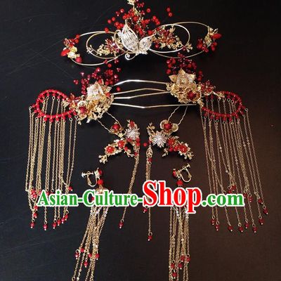 Top Chinese Traditional Wedding Hair Accessories Classical Red Beads Phoenix Coronet Hairpins Headdress for Women