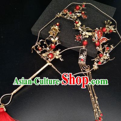 Chinese Traditional Wedding Accessories Classical Bride Red Butterfly Flowers Palace Fans for Women
