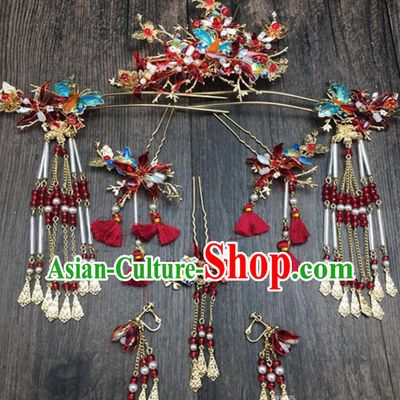 Top Chinese Ancient Traditional Wedding Hair Accessories Red Butterfly Phoenix Coronet Hairpins Complete Set for Women