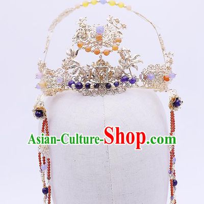 Top Chinese Ancient Traditional Wedding Hair Accessories Golden Phoenix Coronet Hairpins Complete Set for Women