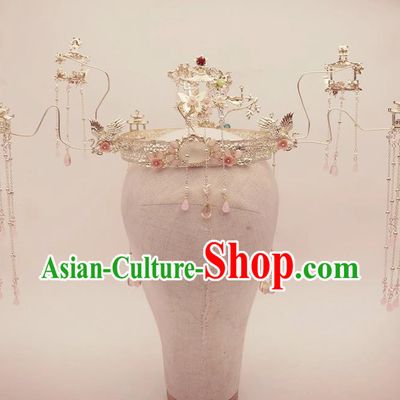Top Chinese Traditional Wedding Hair Accessories Ancient Crystal Tassel Phoenix Coronet Hairpins Complete Set for Women