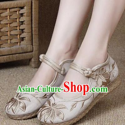 Chinese Shoes Wedding Shoes Traditional Embroidered Shoes Embroidery Lotus Beige Hanfu Shoes for Women