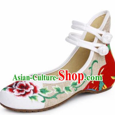 Chinese Shoes Wedding Shoes Traditional Embroidered Shoes Embroidery Peony White Hanfu Shoes for Women
