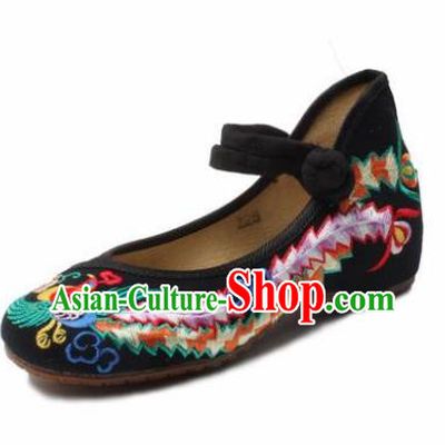 Chinese Shoes Wedding Shoes Traditional Black Embroidered Shoes Embroidery Phoenix Hanfu Shoes for Women
