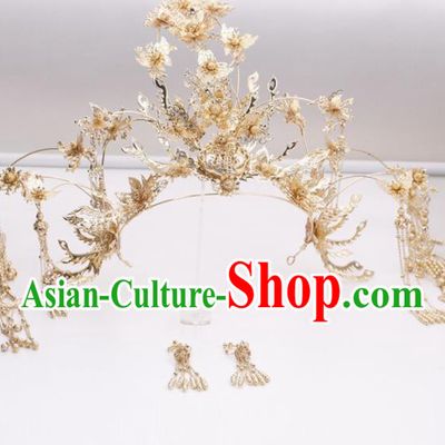 Top Chinese Traditional Wedding Hair Accessories Classical Golden Phoenix Coronet Hairpins Headdress for Women