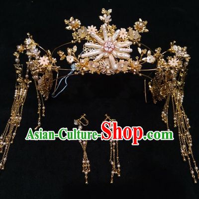 Top Chinese Traditional Wedding Hair Accessories Classical Pearls Phoenix Coronet Hairpins Headdress for Women
