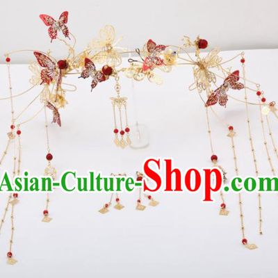 Top Chinese Traditional Wedding Hair Accessories Ancient Palace Red Butterfly Phoenix Coronet Hairpins Headdress for Women