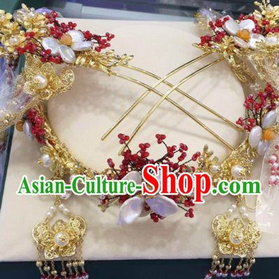 Top Chinese Traditional Wedding Hair Accessories Ancient Palace Golden Phoenix Coronet Hairpins Complete Set for Women