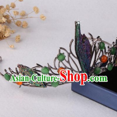 Top Grade Gothic Hair Accessories Princess Green Gem Peacock Royal Crown for Women