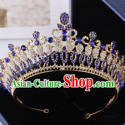 Top Grade Gothic Hair Accessories Catwalks Princess Blue Crystal Royal Crown for Women