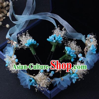 Top Grade Baroque Hair Accessories Catwalks Blue Flowers Garland Hairpins for Women