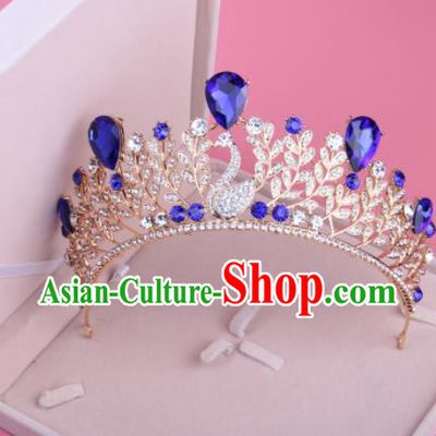 Top Grade Baroque Hair Accessories Catwalks Princess Blue Crystal Swan Royal Crown for Women