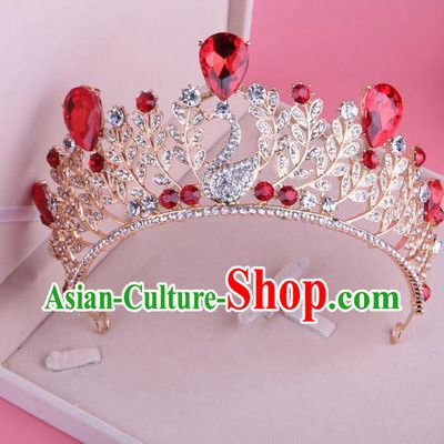 Top Grade Baroque Hair Accessories Catwalks Princess Red Crystal Swan Royal Crown for Women