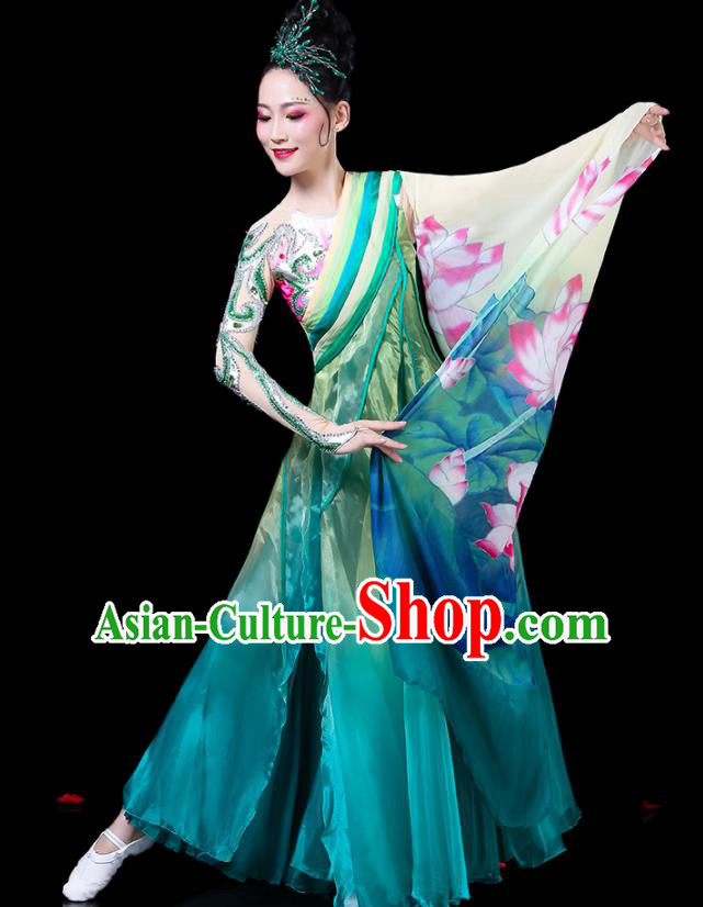 Chinese Traditional Classical Dance Costumes Fan Dance Printing Lotus Green Dress for Women Chinese Traditional Classical Dance Costumes Fan Dance Printing Lotus Green Dress for Women