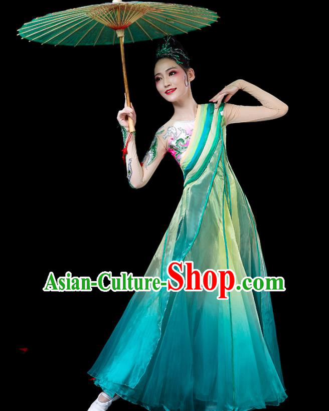 Chinese Traditional Classical Dance Costumes Fan Dance Printing Lotus Green Dress for Women Chinese Traditional Classical Dance Costumes Fan Dance Printing Lotus Green Dress for Women