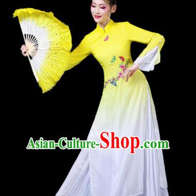 Chinese Traditional Classical Dance Costumes Umbrella Dance Group Dance Yellow Dress for Women