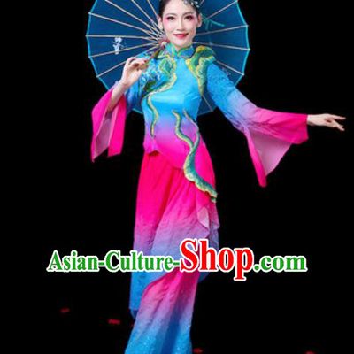 Chinese Traditional Folk Dance Costumes Fan Dance Yangko Group Dance Blue Clothing for Women