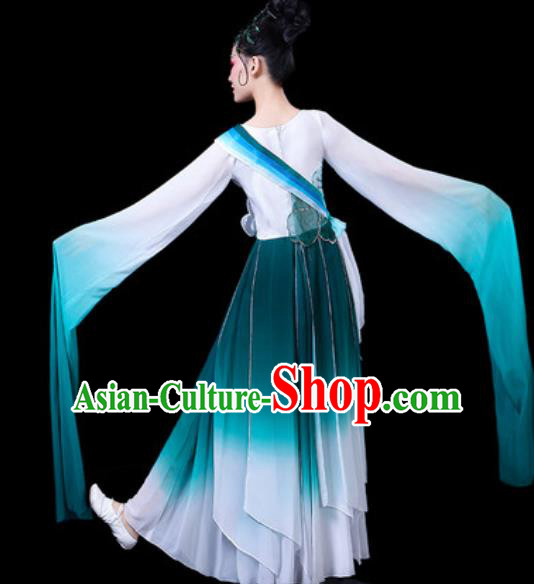 Chinese Classical Dance Costumes Traditional Umbrella Dance Water Sleeve Blue Dress for Women