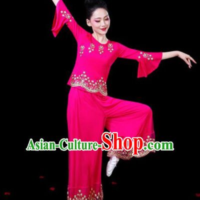 Chinese Traditional Folk Dance Costumes Fan Dance Yangko Group Dance Rosy Clothing for Women