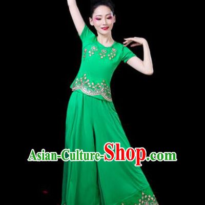 Chinese Traditional Folk Dance Costumes Fan Dance Yangko Group Dance Green Clothing for Women