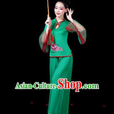 Chinese Traditional Folk Dance Costumes Fan Dance Yangko Drum Dance Green Mandarin Sleeve Clothing for Women