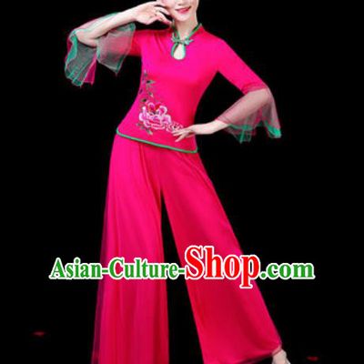 Chinese Traditional Folk Dance Costumes Fan Dance Yangko Drum Dance Rosy Mandarin Sleeve Clothing for Women