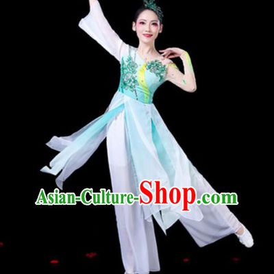 Chinese Classical Dance Umbrella Dance Costumes Traditional Lotus Dance Light Blue Dress for Women
