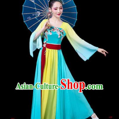 Chinese Classical Dance Umbrella Dance Costumes Traditional Lotus Dance Blue Dress for Women