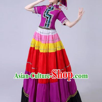 Chinese Ethnic Costumes Traditional Yi Nationality Folk Dance Pleated Dress for Women