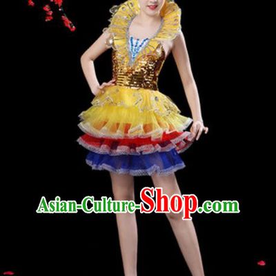 Top Grade Stage Show Costumes Modern Dance Chorus Golden Bubble Short Dress for Women