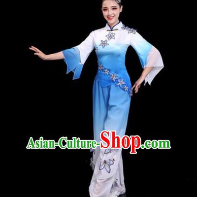 Traditional Chinese Folk Dance Drum Dance Costumes Fan Dance Yangko Blue Clothing for Women