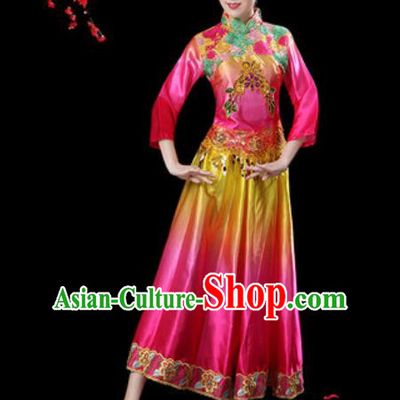 Chinese Classical Dance Umbrella Dance Rosy Dress Traditional Group Dance Chorus Costumes for Women