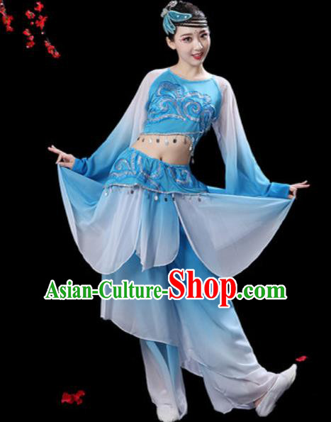 Chinese Classical Dance Umbrella Dance Blue Dress Traditional Fan Dance Costumes for Women Chinese Classical Dance Umbrella Dance Blue Dress Traditional Fan Dance Costumes for Women