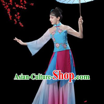 Chinese Classical Dance Blue Dress Traditional Umbrella Dance Fan Dance Costumes for Women