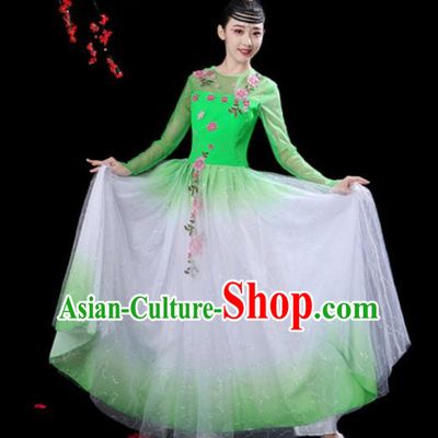 Chinese Classical Dance Green Veil Dress Traditional Umbrella Dance Fan Dance Costumes for Women