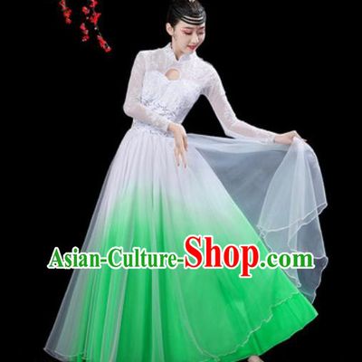 Chinese Classical Dance Chorus Green Dress Traditional Umbrella Dance Fan Dance Costumes for Women